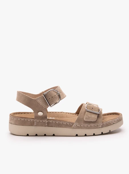 Dunkelbeige Sandalen auf einem dickeren Boden mit zwei Riemen