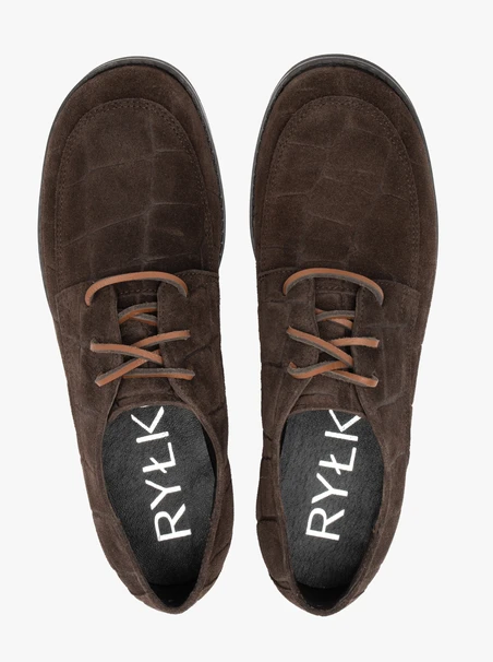 Dunkelbraune Halbschuhe aus gemustertem Krokodilleder