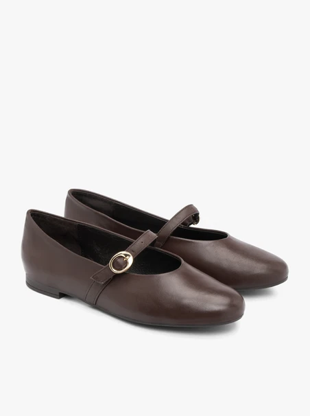 Dunkelbraune Ballerinas mit goldenen Schnallenverzierungen