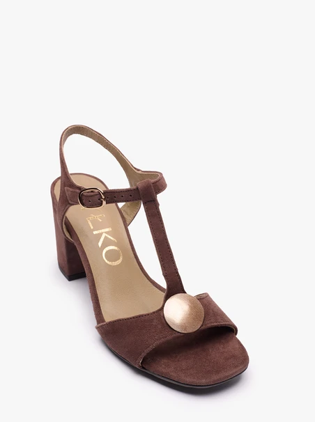 Dunkelbraune T-Bar-Sandalen mit Verzierung