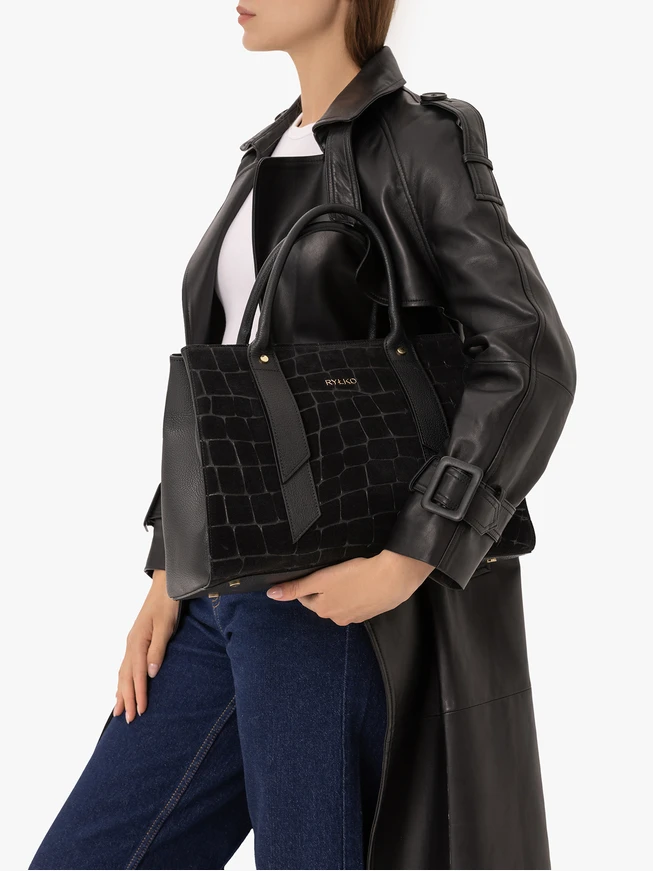 Schwarze große Handtasche mit Krokodilledermuster