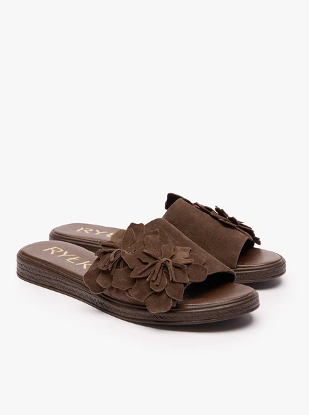 Dunkelbraune flache Flip-Flops mit Blume
