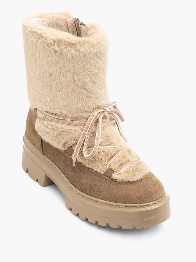 Beigefarbene Schneestiefel mit Schnürung und Fellbesatz