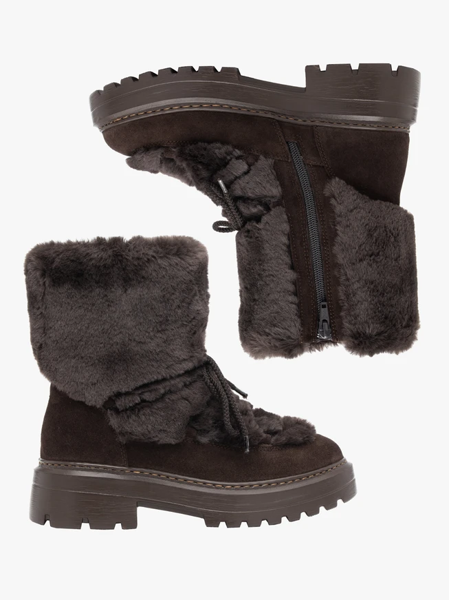 Dunkelbraune Schnür-Winterstiefel mit Fellbesatz