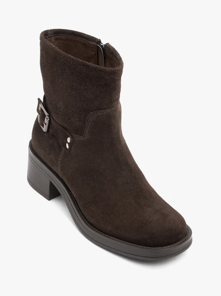 Dunkelbraune Velours-Stiefeletten mit Schnalle