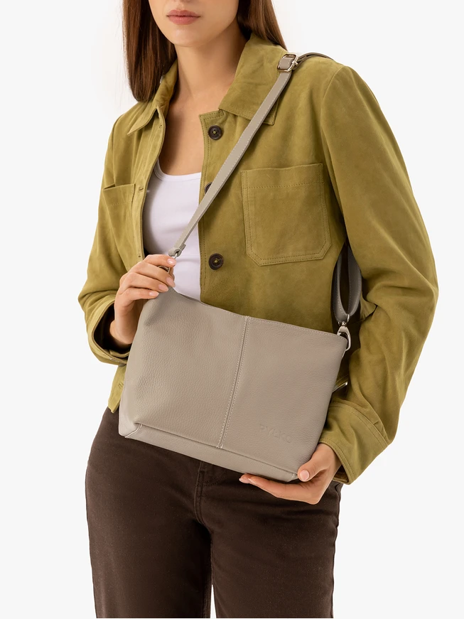 Dunkelbeige Lederhandtasche mit Besatz