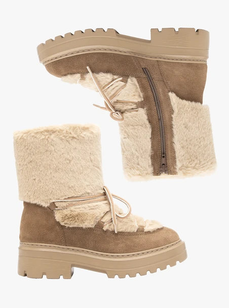 Beigefarbene Schnür-Schneestiefel mit Fellbesatz