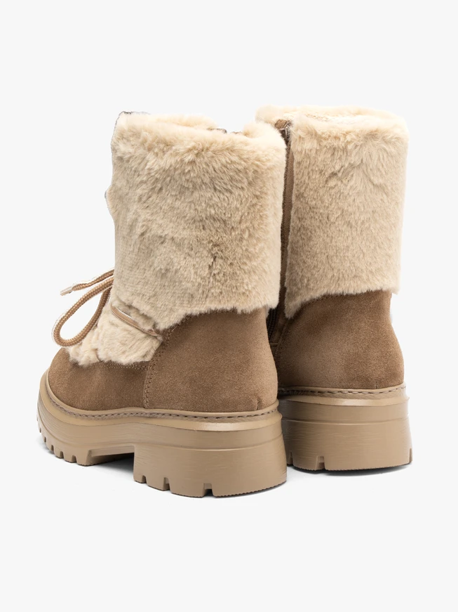 Beigefarbene Schnür-Schneestiefel mit Fellbesatz