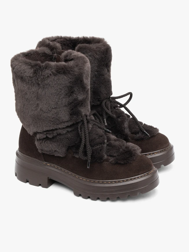 Dunkelbraune Schnür-Winterstiefel mit Fellbesatz