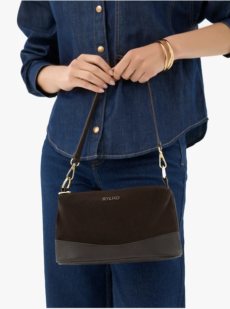 Handtasche aus braunem Leder und Velours