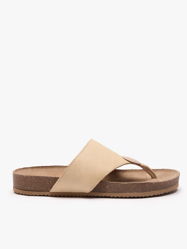 Beigefarbene Leder-Flip-Flops mit Verzierung