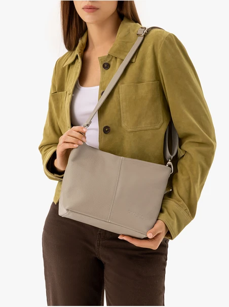 Dunkelbeige Lederhandtasche mit Besatz