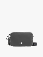 Eine dunkelgraue Handtasche mit breitem Riemen