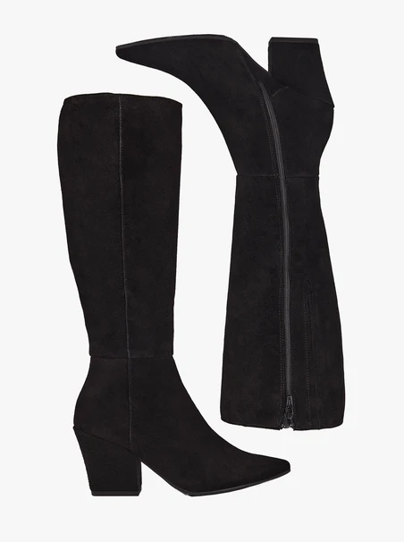 Schwarze, ungefütterte Stiefel mit breitem Schaft