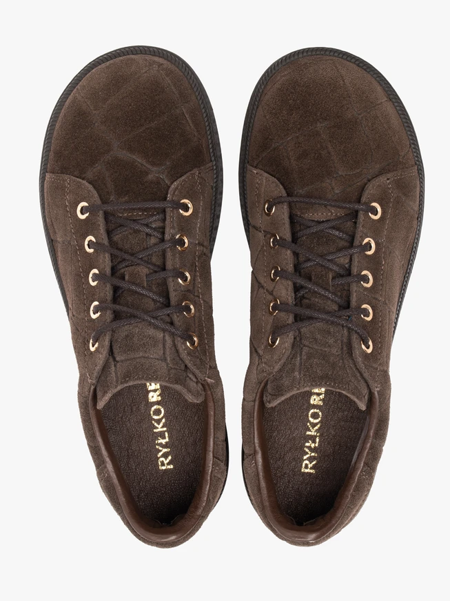 Dunkelbraune Halbschuhe aus gemustertem Krokodilleder
