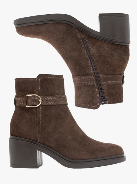 Dunkelbraune Stiletto-Stiefel mit Riemen und Schnalle