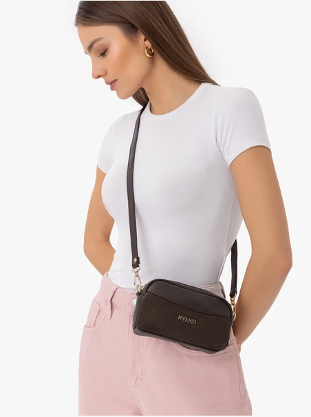 Kleine braune Handtasche aus genarbtem Leder und Velours