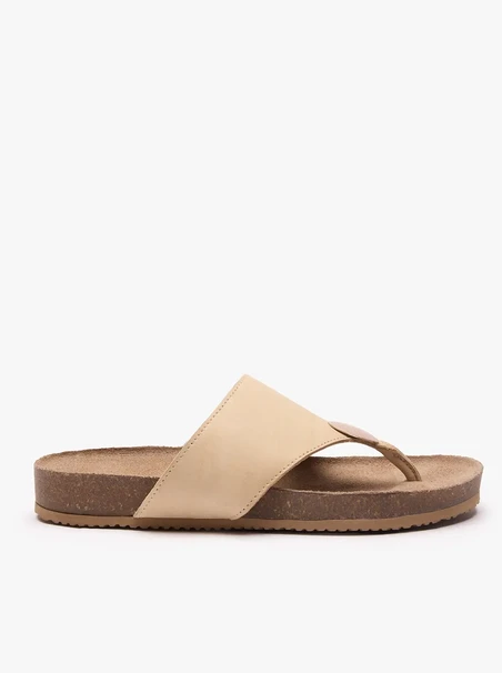 Beigefarbene Leder-Flip-Flops mit Verzierung