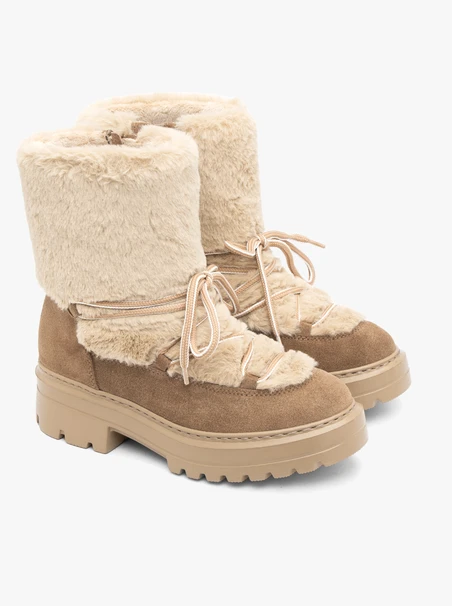 Beigefarbene Schnür-Schneestiefel mit Fellbesatz