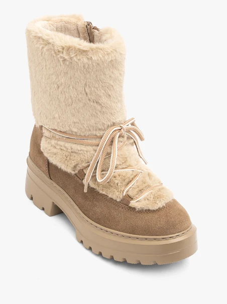 Beigefarbene Schneestiefel mit Schnürung und Fellbesatz