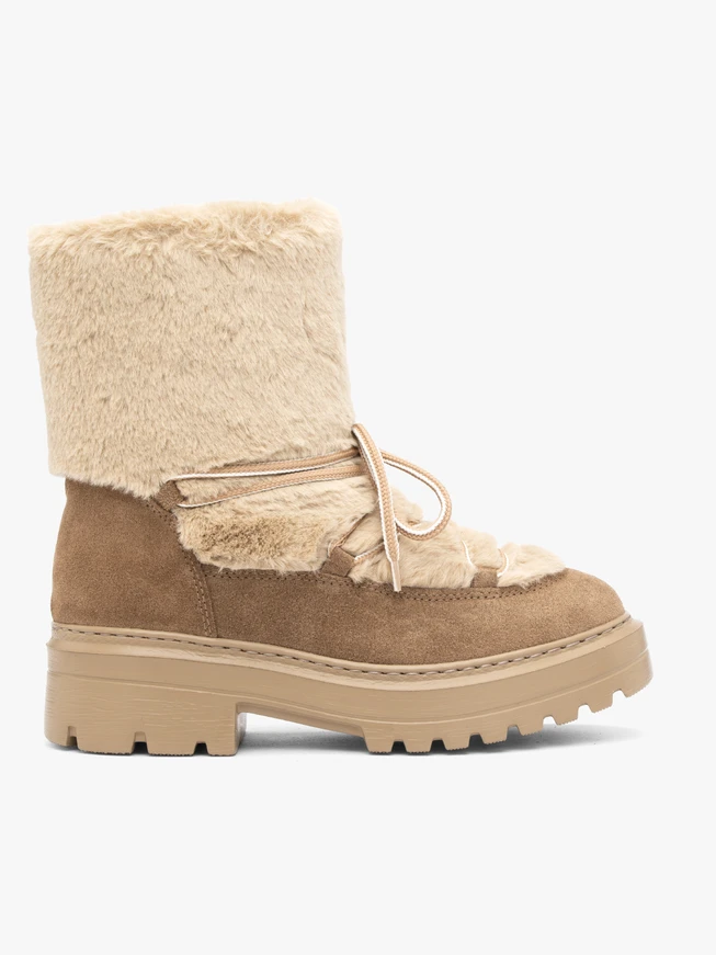 Beigefarbene Schneestiefel mit Schnürung und Fellbesatz