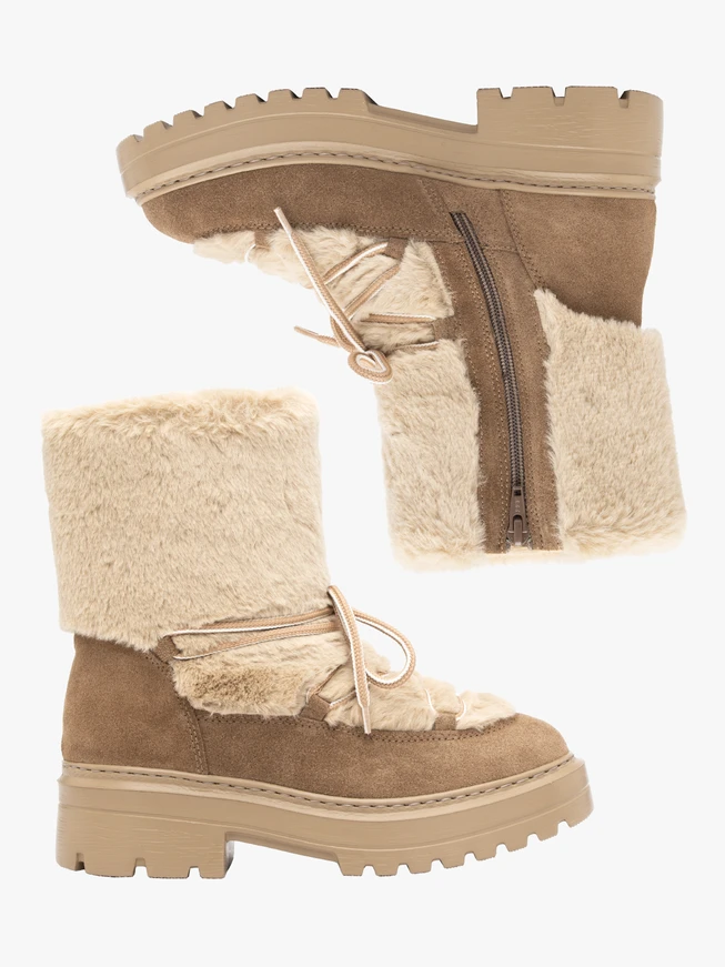 Beigefarbene Schnür-Schneestiefel mit Fellbesatz